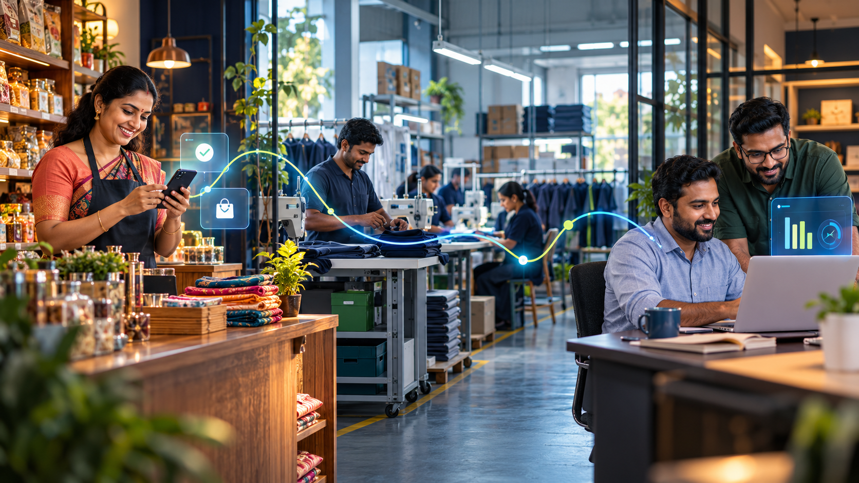 Illustrative Indian MSME scene showing retail, workshop operations and a business dashboard connected by digital tools